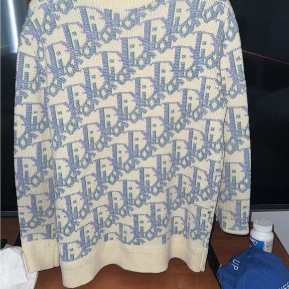 Dior Cream and Blue Crewneck Sweater with Monogram Design - Picture 1 of 2